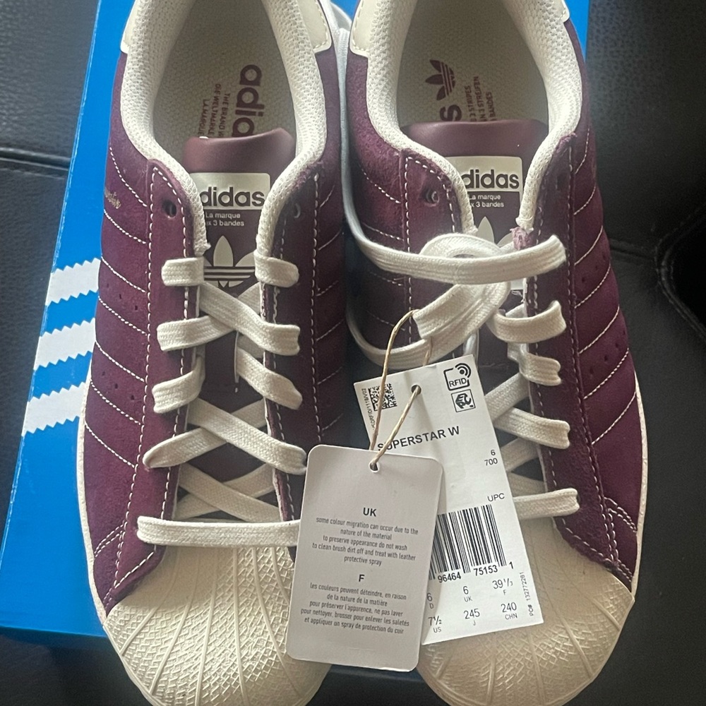 Brand New Women’s Adidas Superstars Maroon and Off-White Sneakers 7.5 - Picture 5 of 10